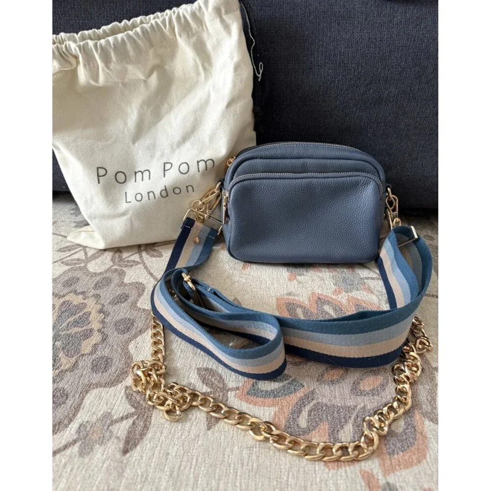 Pom Pom London Original Leather Crossbody Bag In Slate Blue With 2 Straps Small
